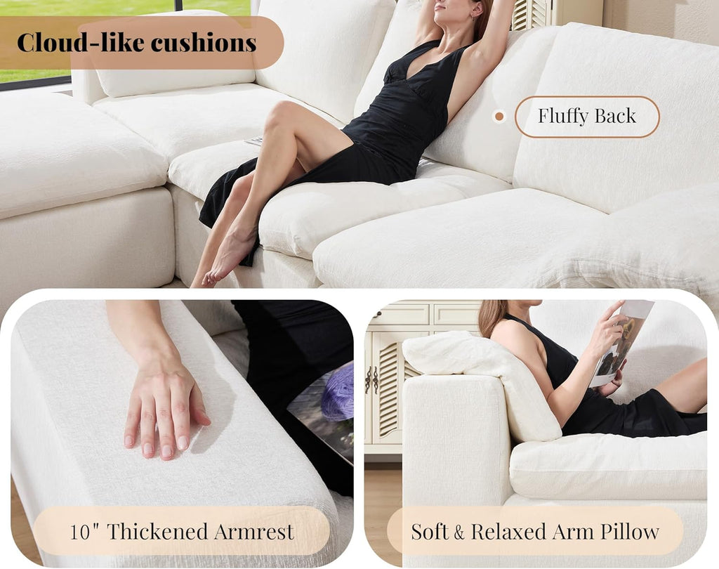 120" Cloud Modular Sectional Sofa, No-Assembly Oversized Chenille Couch with 76.4" Extra-Deep Chaise, Modern White
