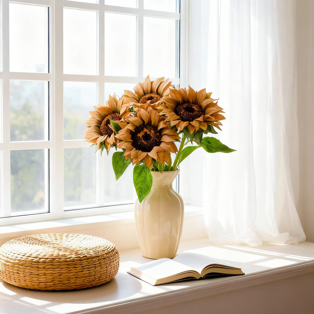 Real Touch Artificial Sunflowers, 4Pcs Faux Light Brown Silk Flowers