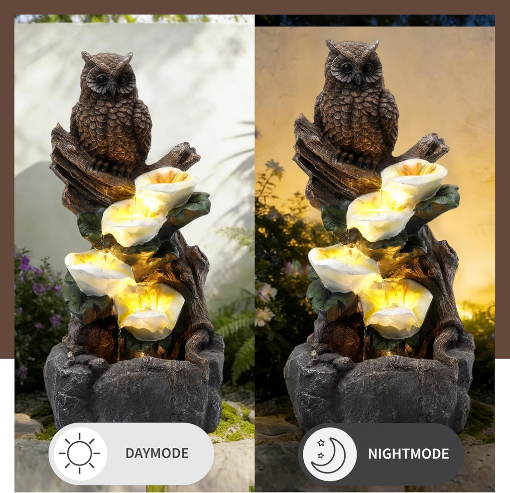 28" Outdoor Water Fountain with Led Lights, 4-Tiered Owl & Calla Lil Water Fountain, Outdoor Garden Waterfall Decor