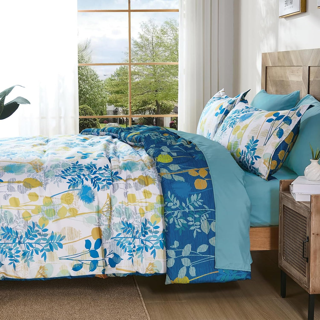 7Pieces King Comforter Set, Blue Yellow Botanical Bed in a Bag Complete Set with Sheet Pillowcase All Season