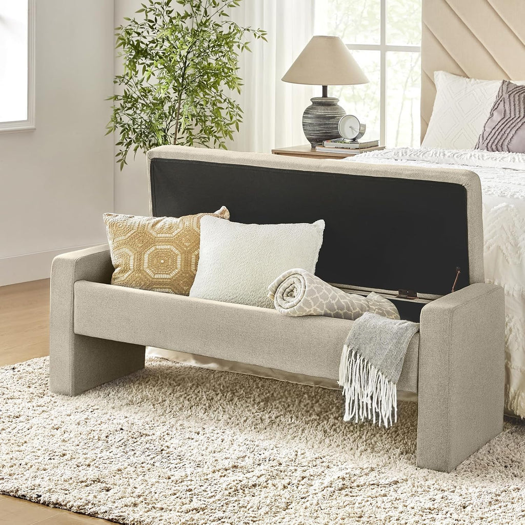 55" Modern Upholstered Storage Bench with Tufted Seat, Fabric Ottoman Bench , or Living Room, Soft Close Hinge,Beige