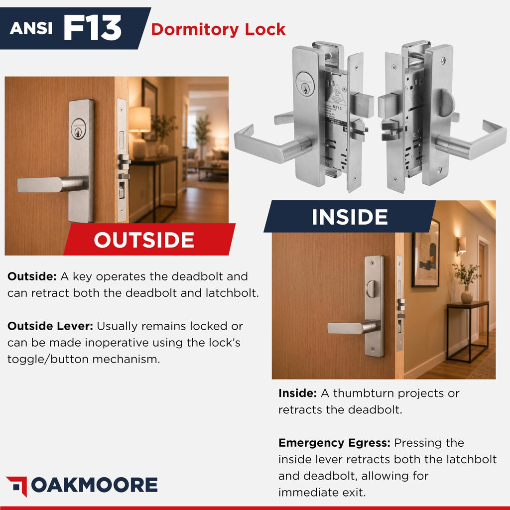 Grade 1 Commercial Mortise Lock Set, F13 Dormitory/Exit Function, Escutcheon Panel Trim, Satin Stainless Steel