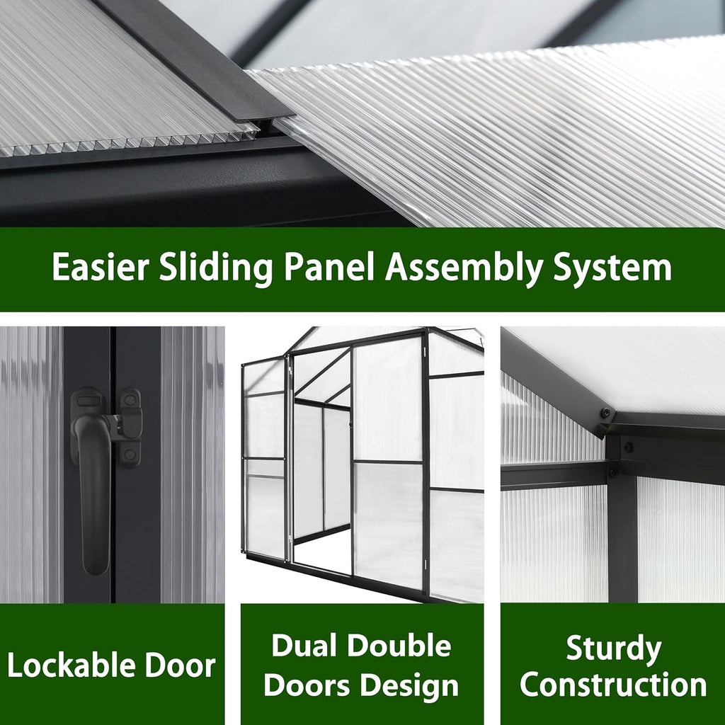 8x8 FT Outdoor Greenhouse Kit, Polycarbonate Aluminum Walk-in Greenhouse with Adjustable Roof Vent and Lockable Door