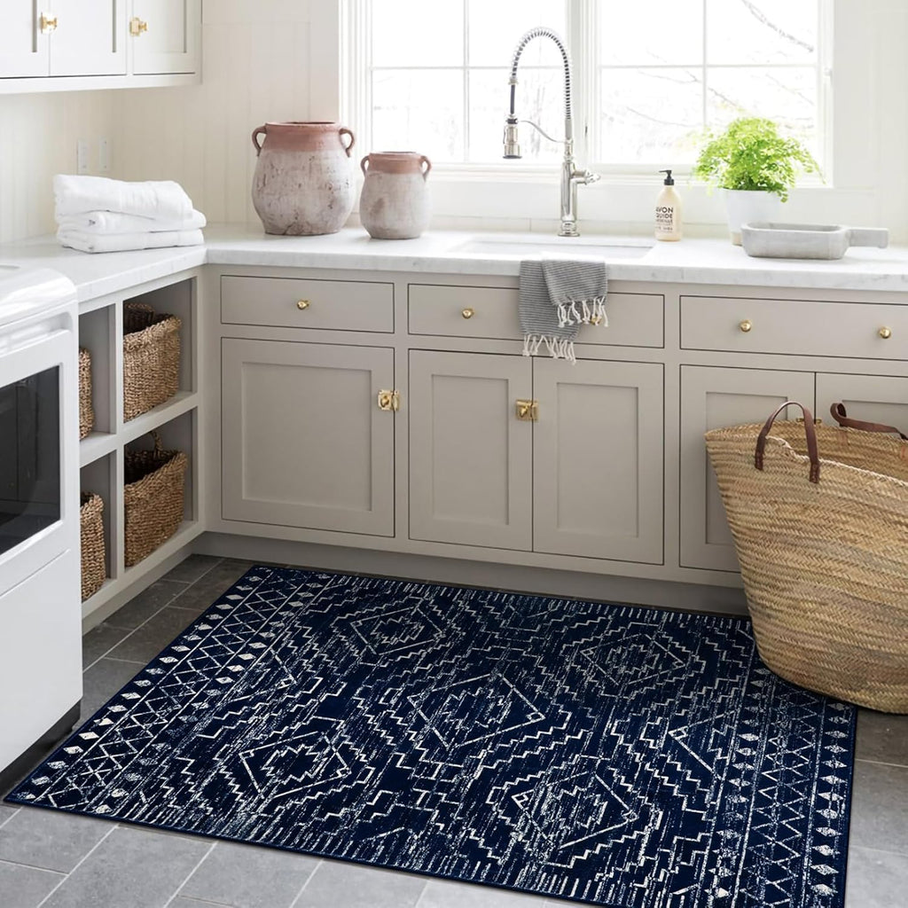 Moroccan Washable Rug, Blue Non-Slip Entryway Area Rug, Soft Farmhouse Bedroom Throw Mat, Geometric Low Pile