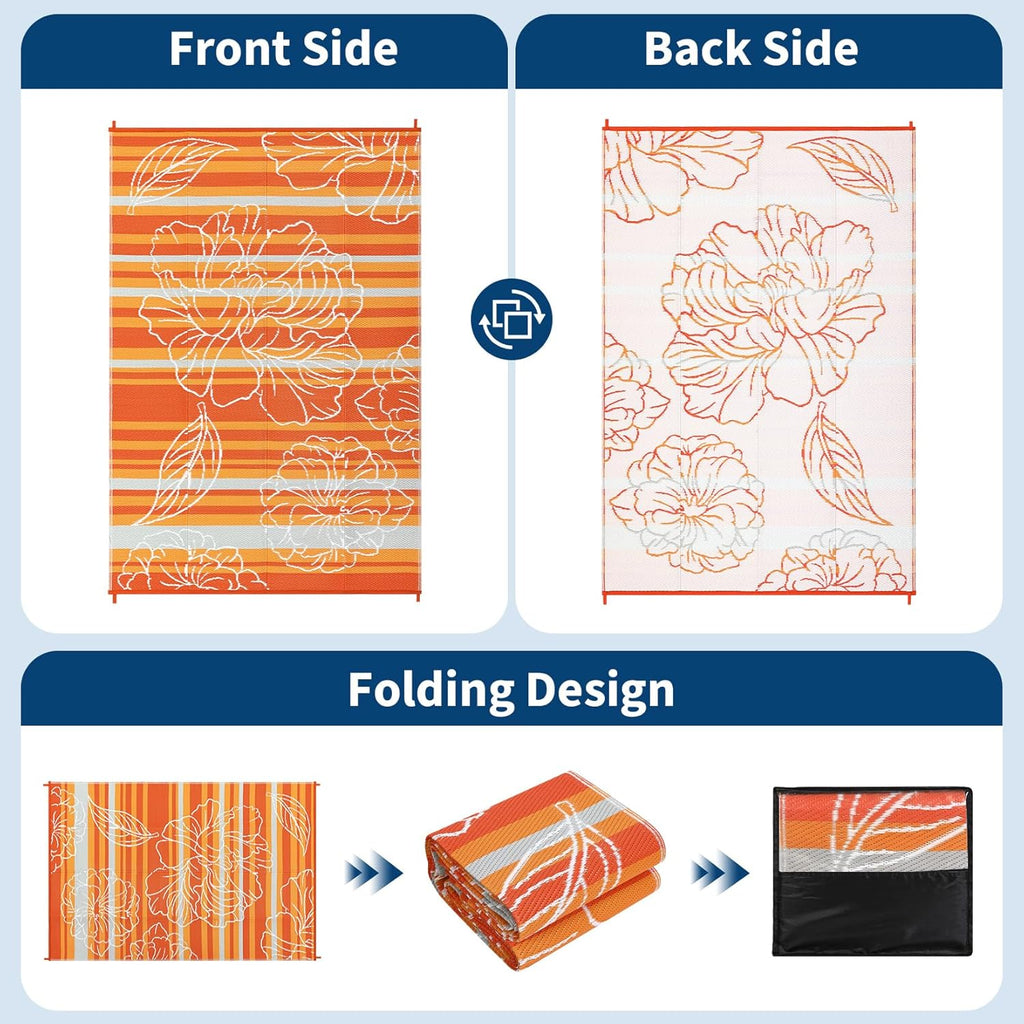 8x10 Outdoor Waterproof Rug, Floral Outdoor Area Rug，Reversible Plastic Straw Patio Rug, Portable Ca