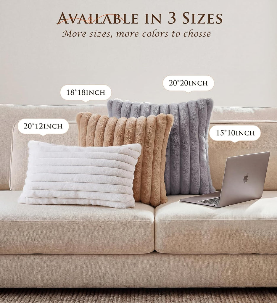Pack of 2 Throw Pillow Covers 18x18 Decorative Solid Plush Faux Fur with Soft Velvet Back, Square Striped Cushion