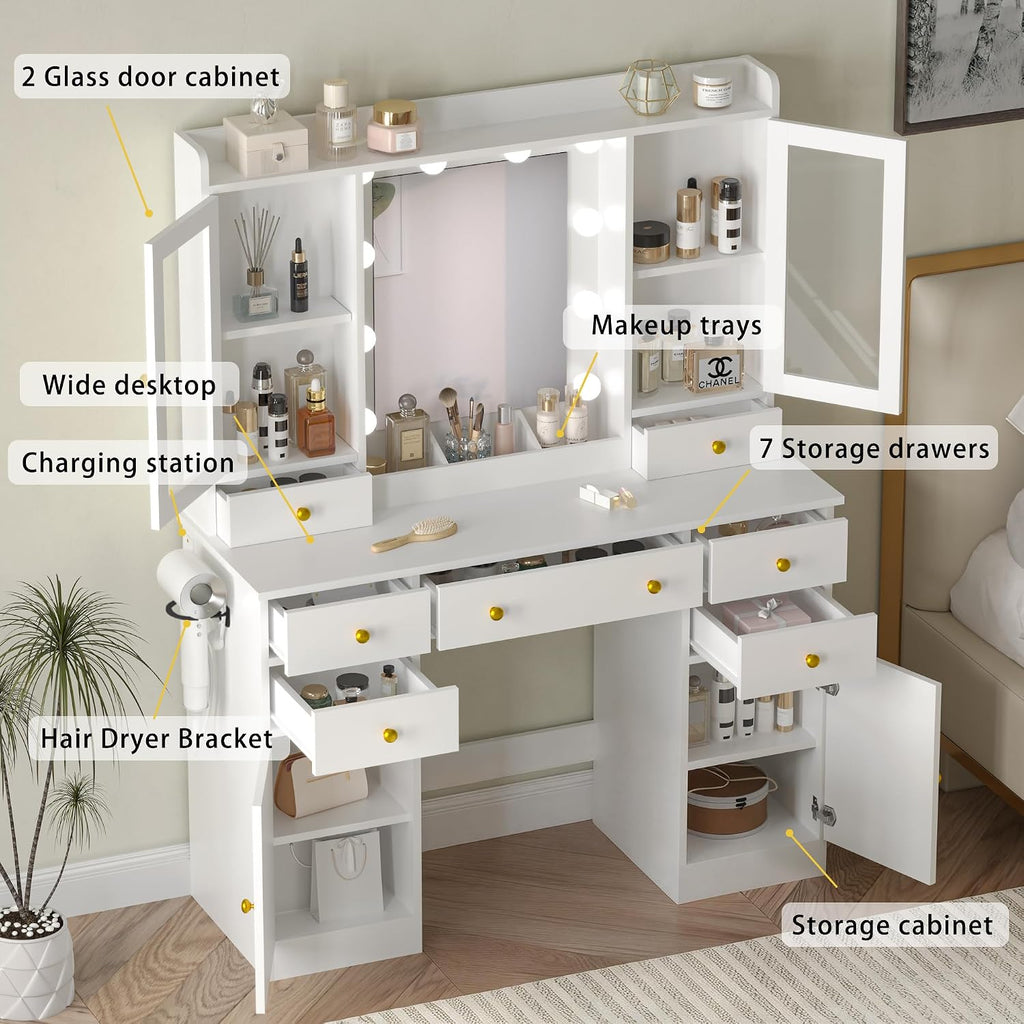 White Makeup Vanity Desk with Mirror and Lights, Smart RGB Light | Vanity Table with Charging Station & 7 Drawers