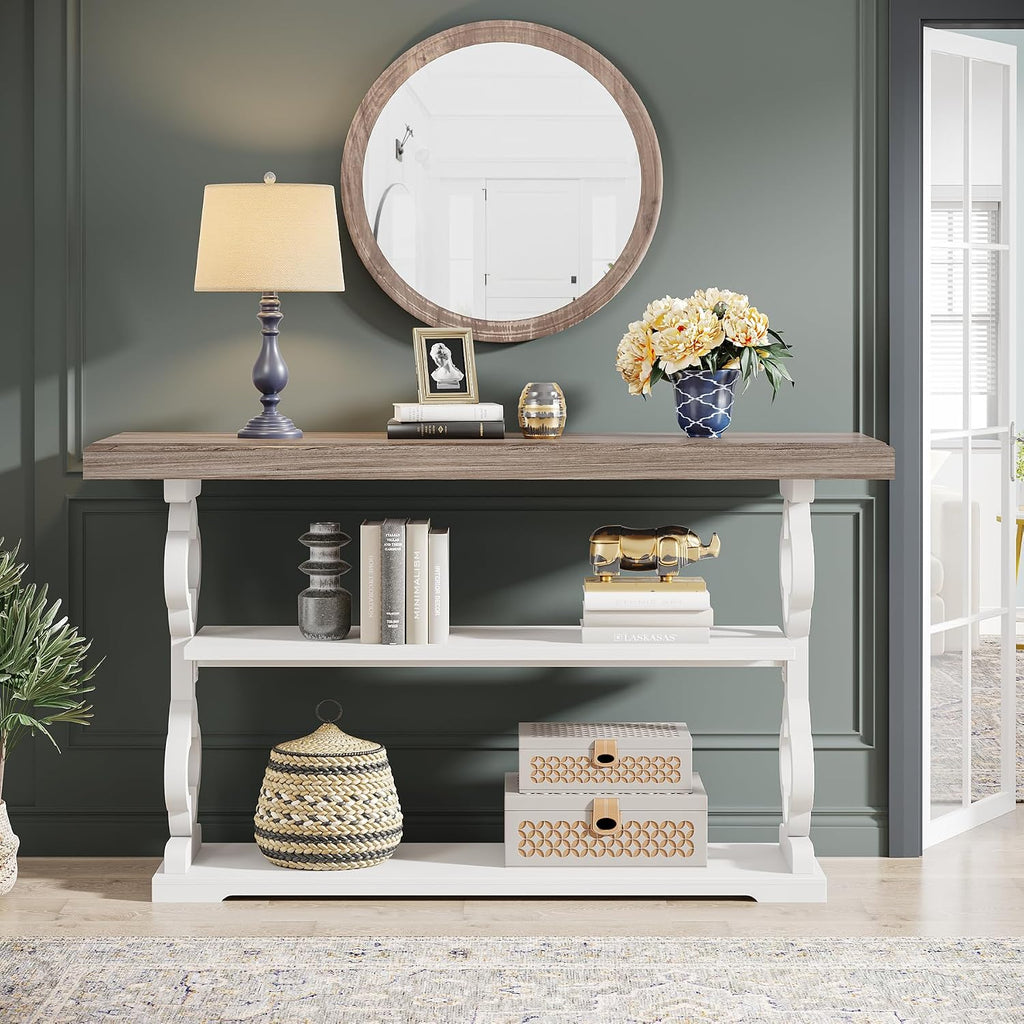 Farmhouse Console Table, 55 inch Long Sofa Table with Storage Shelves, 3 Tier Wood Accent Entry Table , Entrance