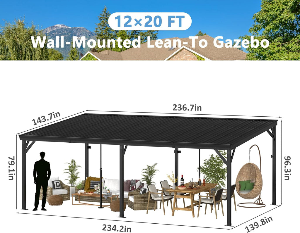12' x 20' Hardtop Lean-to Gazebo, Wall-Mounted Aluminum Pergola with Adjustable Support Posts – Black