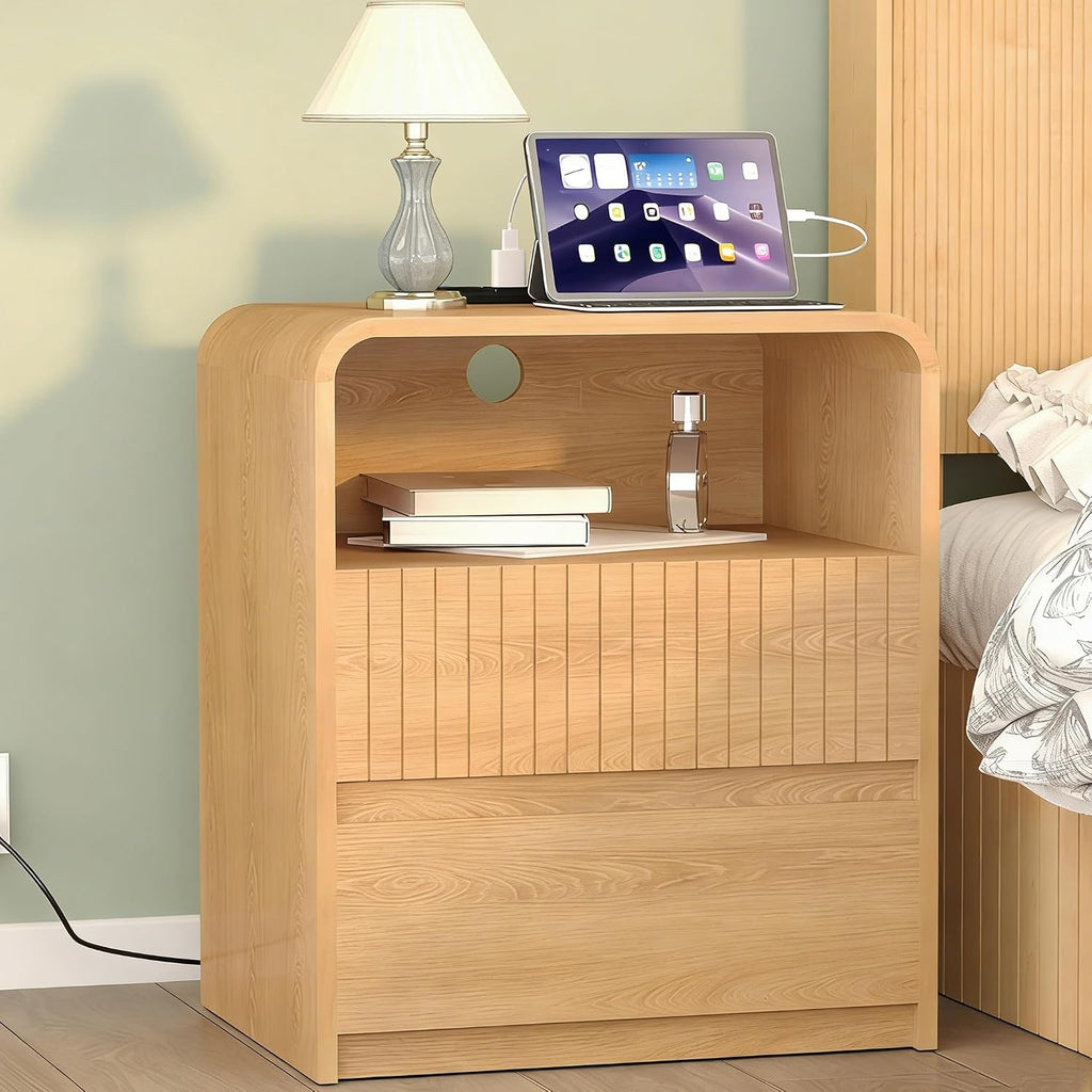 Modern Nightstand with Charger Station, 24" Tall Mid Century End Table with 2 Storage Drawers, Wood Bedside Table