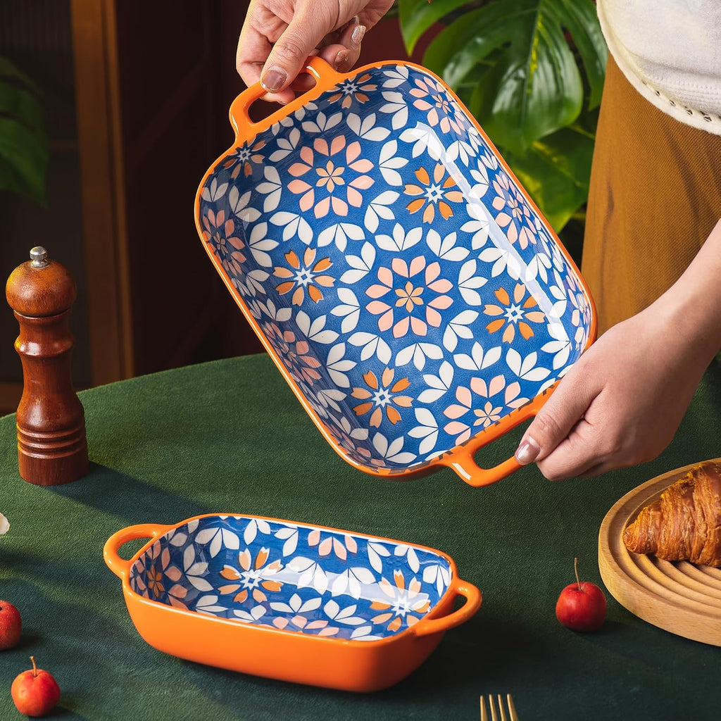 Ceramic Dish Set, 2-Piece Hand-painted Porcelain Rectangular Bakware set with Handles,Large 10.55"L*7.4"W and
