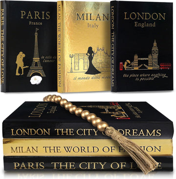 Decorative Books Set of 3 with Golden Garland Bead - Decorative Books for Coffee Table, Home Decor - Designer Books
