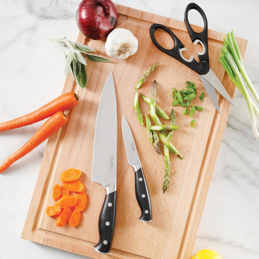 Greeley Forged High Carbon Stainless Steel 14 Piece Knife Block Set, Black Kitchen Knife Set with Acacia Wood Block