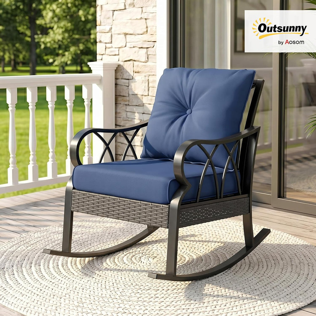 Outdoor Wicker Rocking Chair Padded Cushions Aluminum Navy Blue | Furniture Rattan Porch Rocker Chair, Armrest