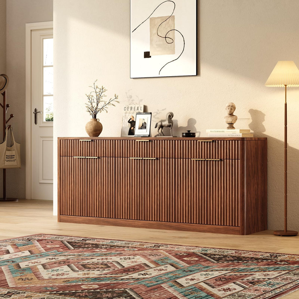 67" Fluted Walnut Sideboard Buffet Cabinet with 3 Drawers