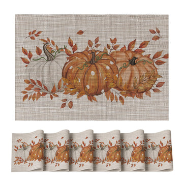 Pumpkins Leaves Fall Vinyl Placemats Set of 6, Wipeable Colorful Printing PVC Place Mats for Party Kitchen Dining