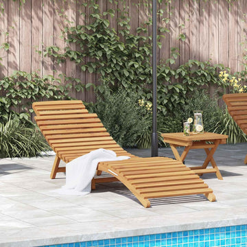 Solid Teak Wood Sun Lounger, Folding Outdoor Chaise Lounge, Weather Resistant Reclining Poolside Chair, Brown, 77.95