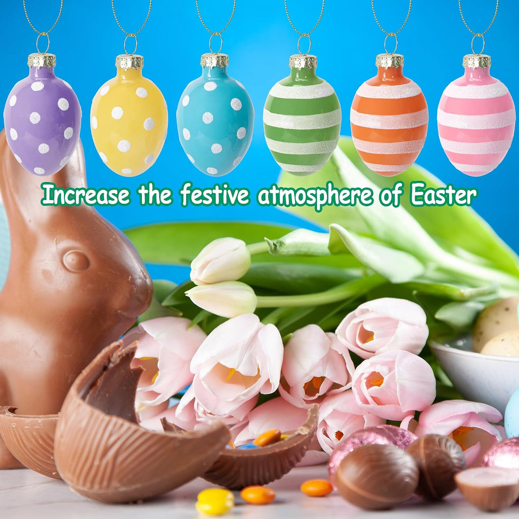 Glass Easter Hanging Eggs- 1.8 Inch Easter Eggs Hanging Ornaments- Dots Stripes Easter Decorations Eggs Tree - Set of 12