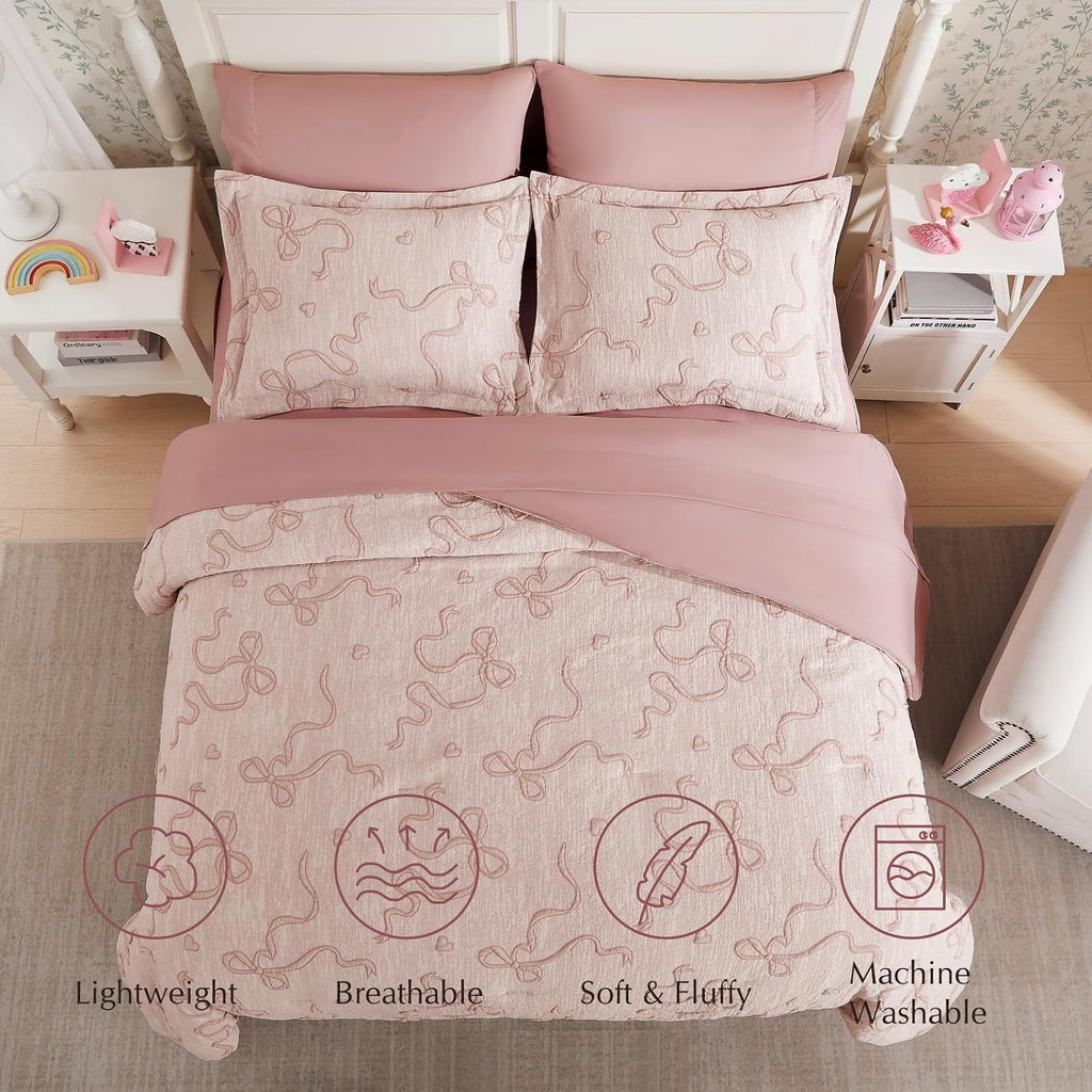 Full Comforter Sets for Girls - 7 Pieces Pink Bedding Bow Bed in a Bag - Set of 7
