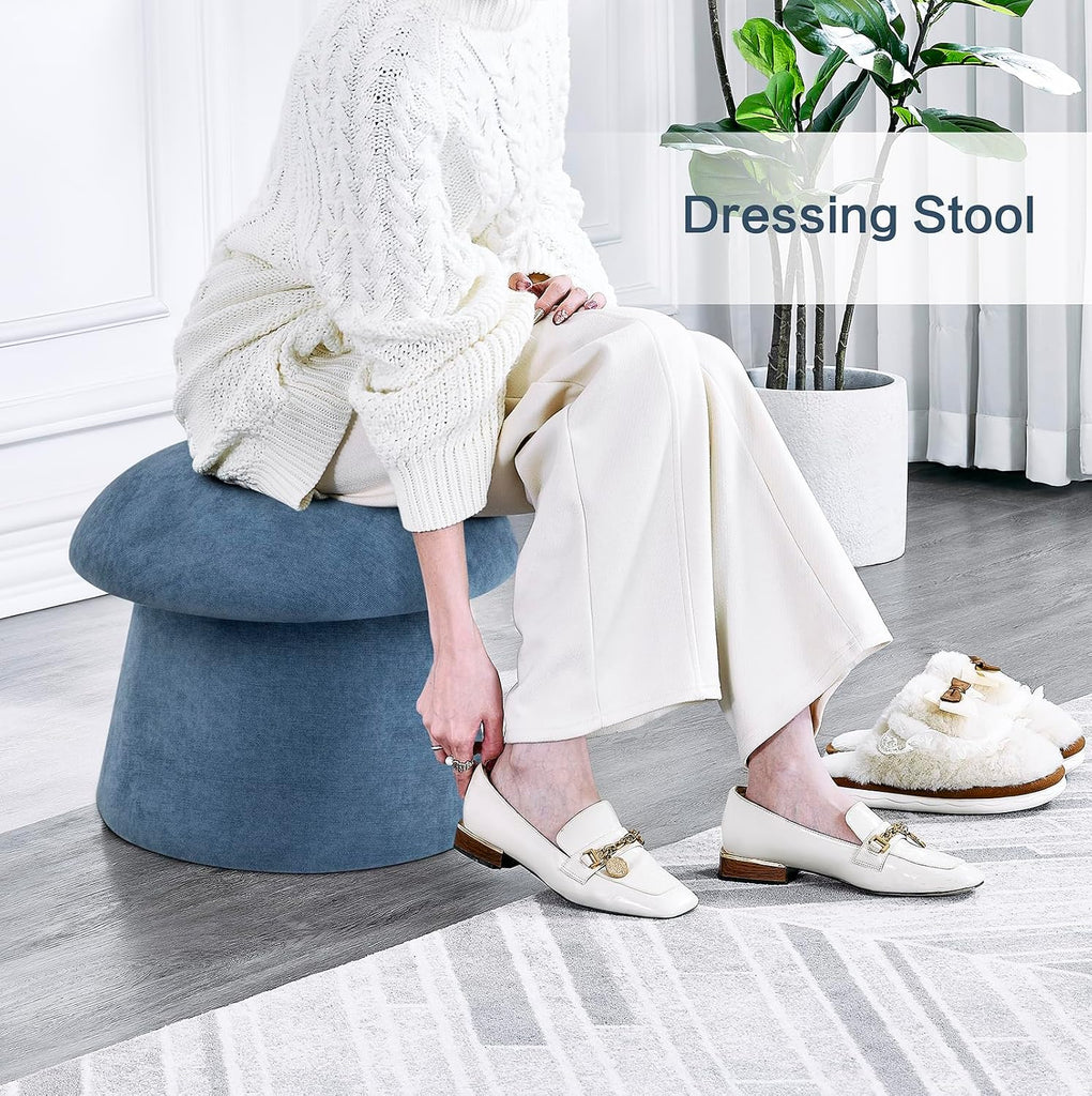 15" Blue Mushroom Ottoman with Storage | Chenille Fabric, Round Foot Rest, Modern Footstool,for Vanity, Bedroom