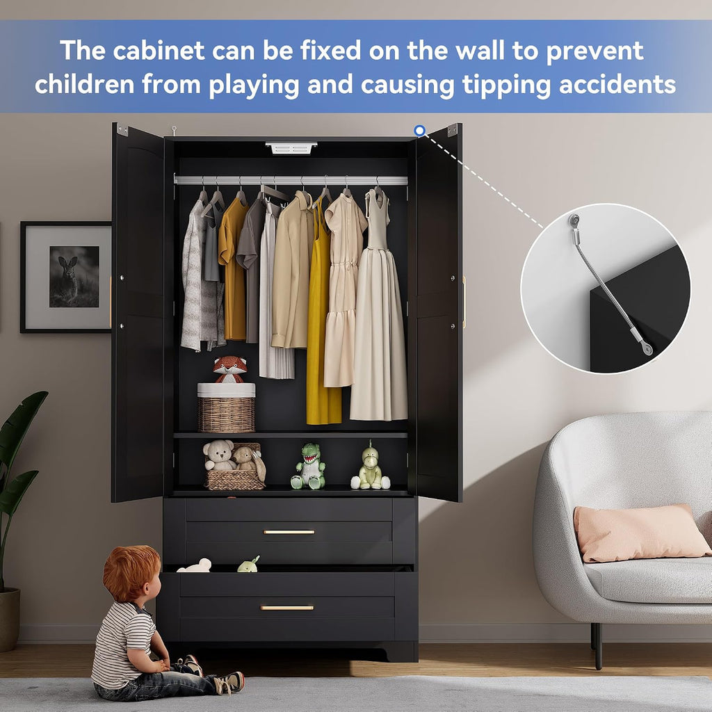 Wooden Armoire Wardrobe Closet, Bedroom Armoires with Door and Drawers, Freestanding Wardrobe Clothing Storage