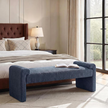58" Boucle Upholstered Bedroom Bench with Arm Tray, Slate-Blue | End of Bed Bench with Wood Legs, Fabric Entryway