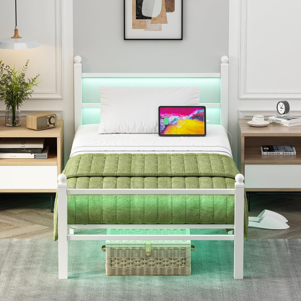 Twin Size Bed Frames with Charging Ports&LED Lights,Heavy Duty Metal Slats Support,No Box Spring Needed,Noise Free,No