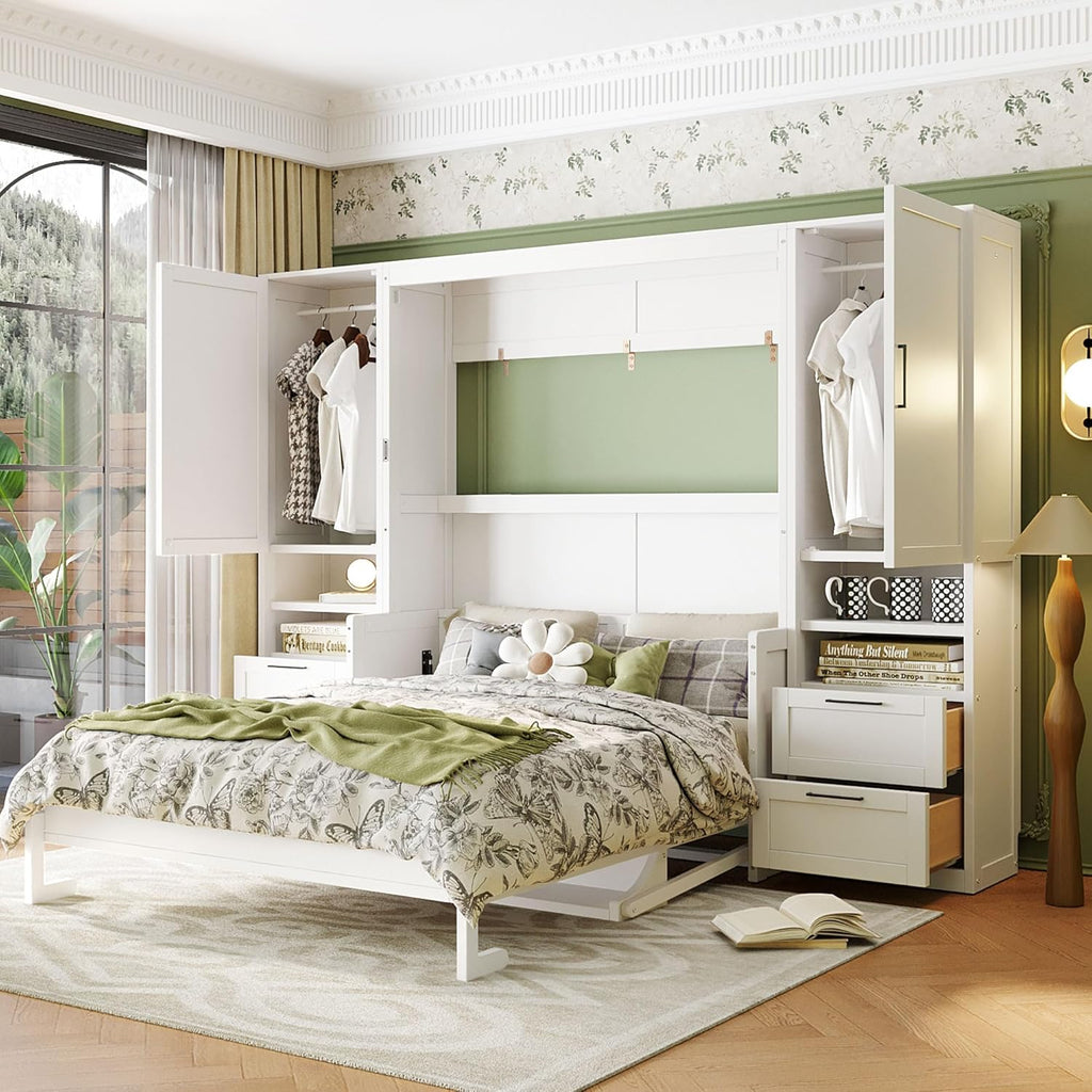 Queen Murphy Bed with Desk, Closet, Drawers and Shelves, Fold into the Wall, Space-Saving Foldable Wood Platform Bed