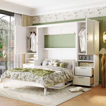 Murphy Bed Queen with Small Desk, Queen Wall Murphy Bed with Wardrobe, Drawers and Storage Shelves, No Box Spring