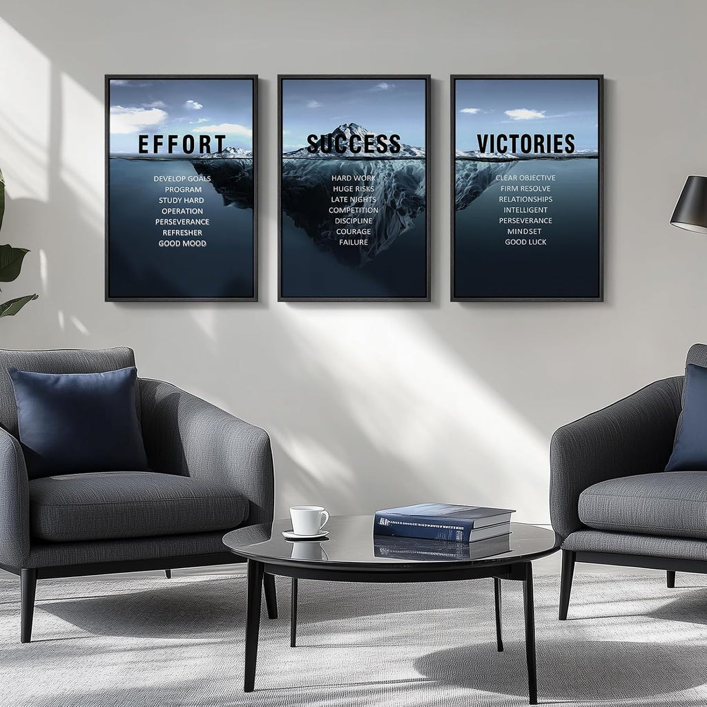 Framed Motivational Wall Art Decor, Set of 3 Inspirational Modern Iceberg Canvas Wall Art Prints, Navy Blue Positive