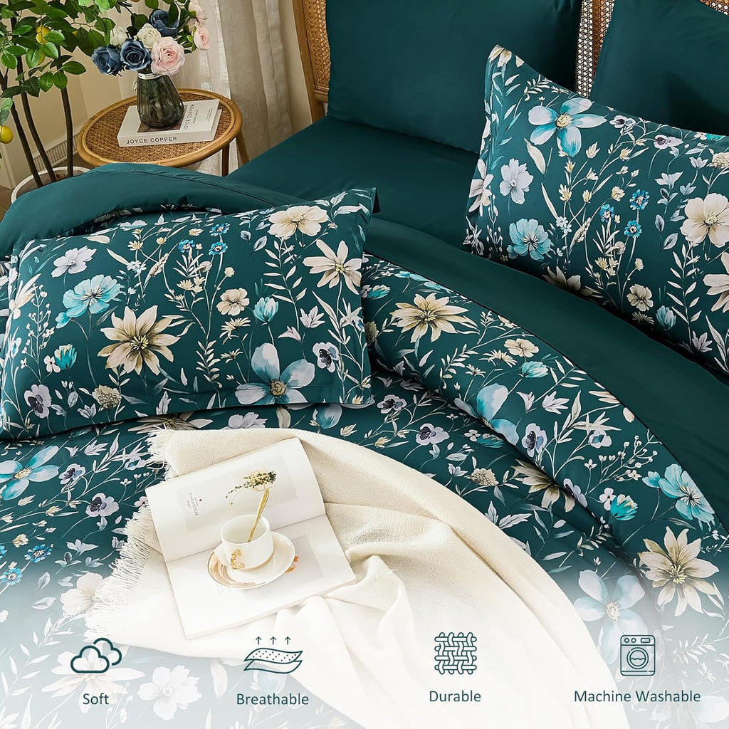 Queen Floral Comforter Set 7 Pieces, Teal Floral Comforter with Sheet Set, Flowers Leaves Pattern