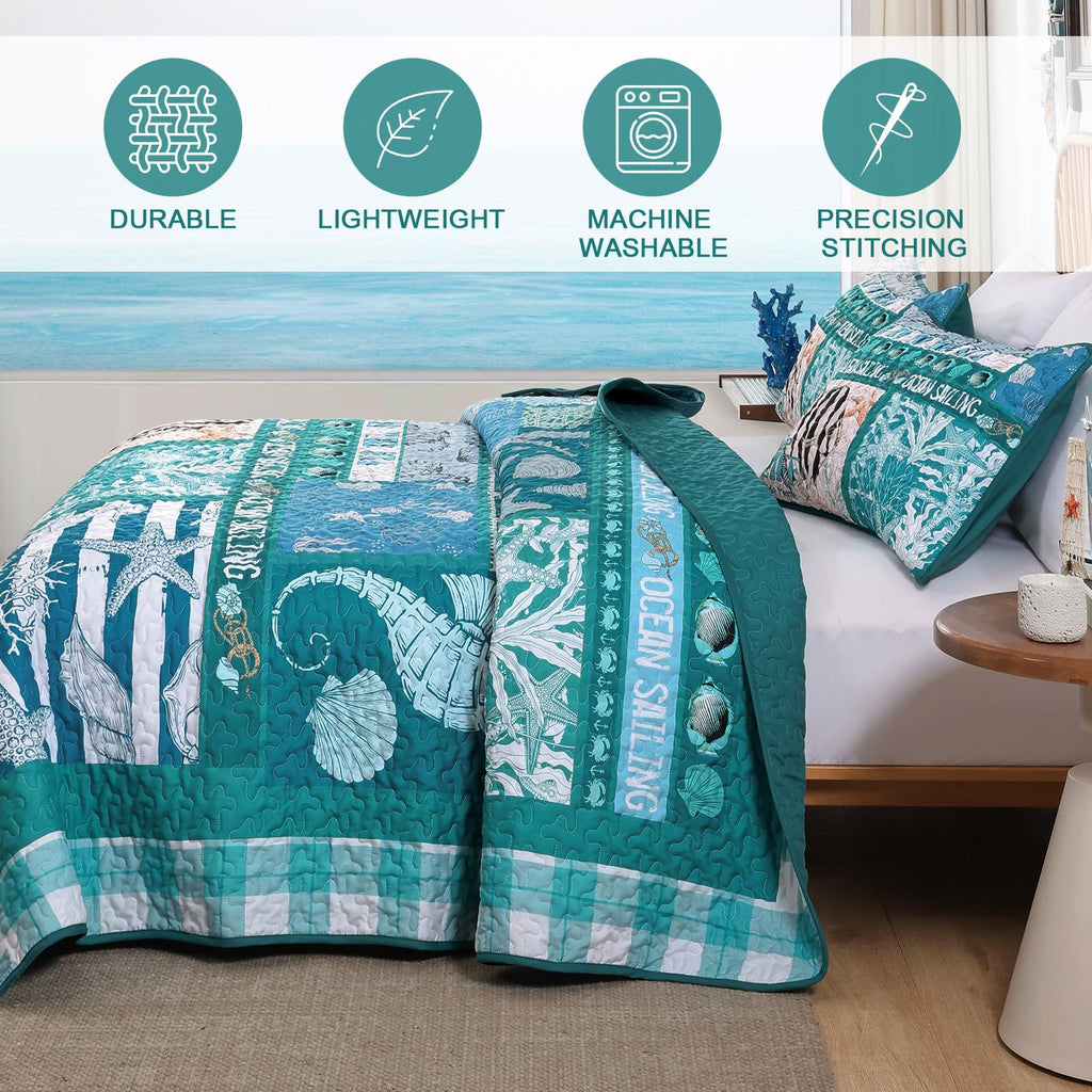 Beach Quilt Set 3 Piece, Summer Coastal Bedspread Coverlet Lightweight Green Ocean Theme Plaid Patchwork