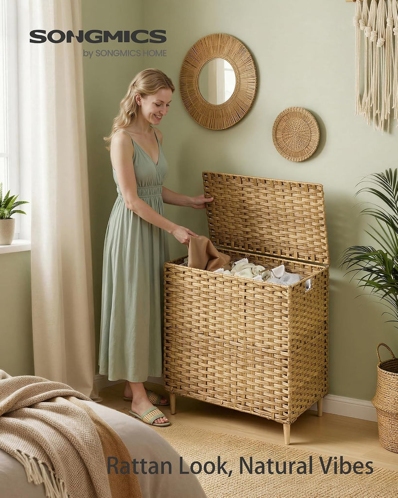 3-Section Laundry Hamper with Lid, 42.2 Gal (160L) PE Rattan Laundry Basket with Removable Washable Liners, Goose
