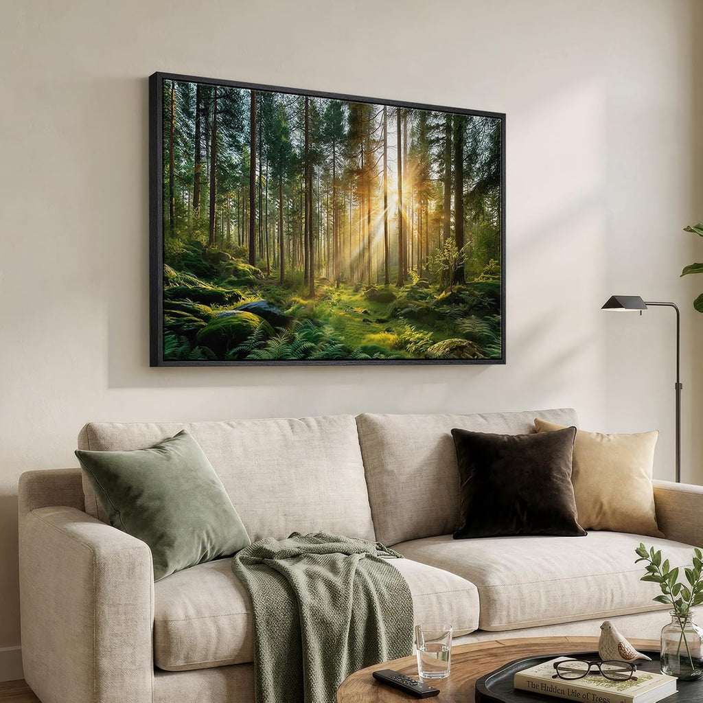Framed Forest Landscape Wall Art, Horizontal Nature Sunset Canvas Artwork for Walls, Wilderness Scenery Photography