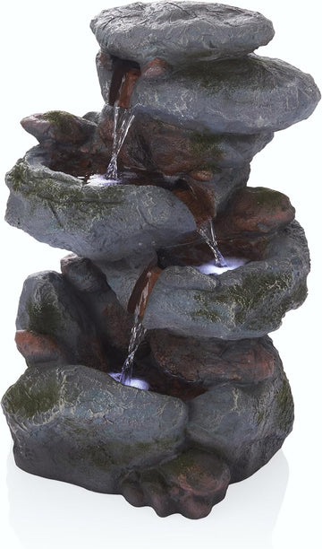 22" Tall 3-Tier Outdoor Rock Waterfall Fountain with LED Lights, Natural Stone Look Decor, Gray