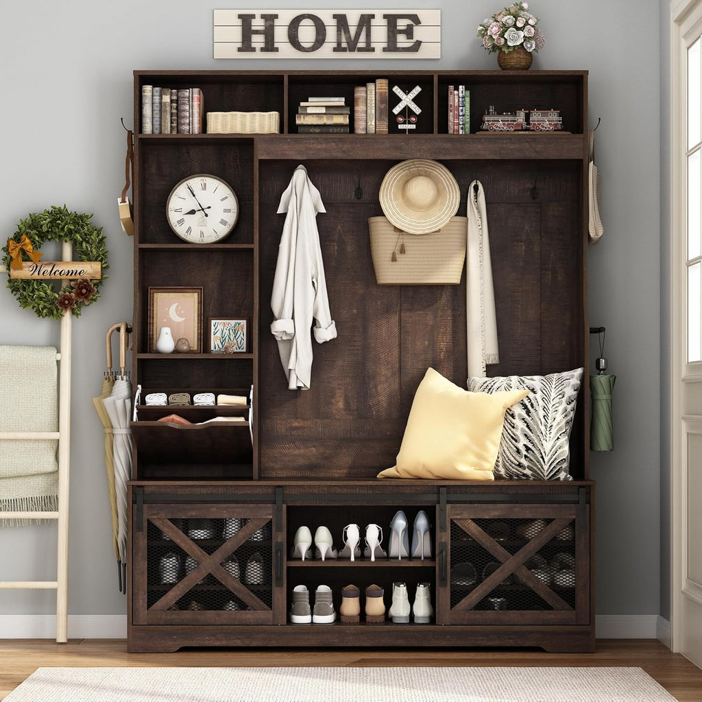 75''H 59''W Large LED Farmhouse Hall Tree with Bench and Shoe Storage,Entryway Bench with Coat Rack,16 Shoe Cubbies &