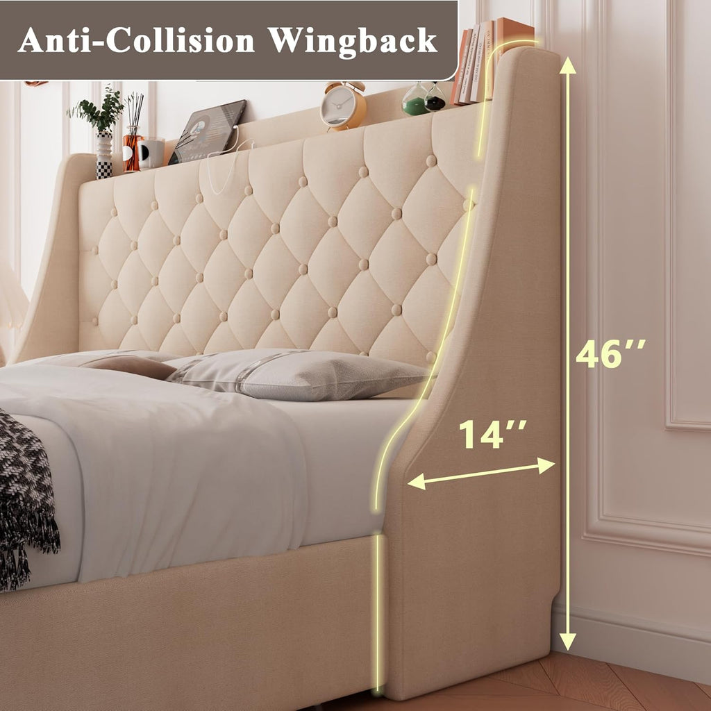 Upholstered Queen Bed Frame with 4 Storage Drawers, Charging Station and Tufted Wingback Storage Headboard