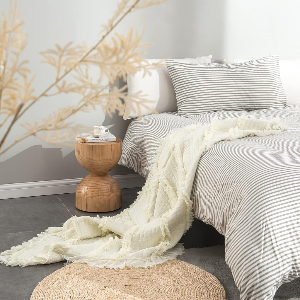 Ultra Soft Pre-Washed Warm Quilted Throw Blanket, Ruffle Fringed Cream Boho Decorative Throw, Stone Washed Chic