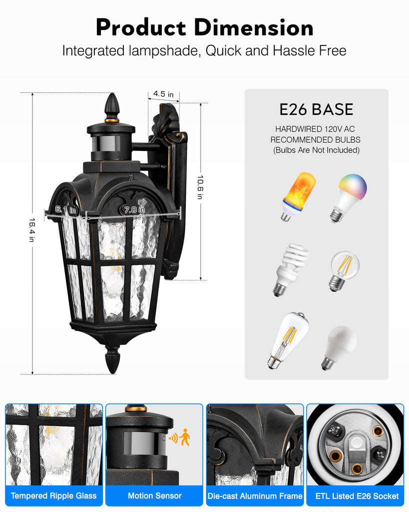 Motion Sensor Outdoor Lights, 16.4" H Porch Light Outside Lantern