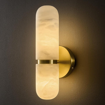 Natural Alabaster Brass Wall Sconce - Modern Luxury Spanish Stone Cylinder Sconces with Bulb - Brushed Gold Indoor