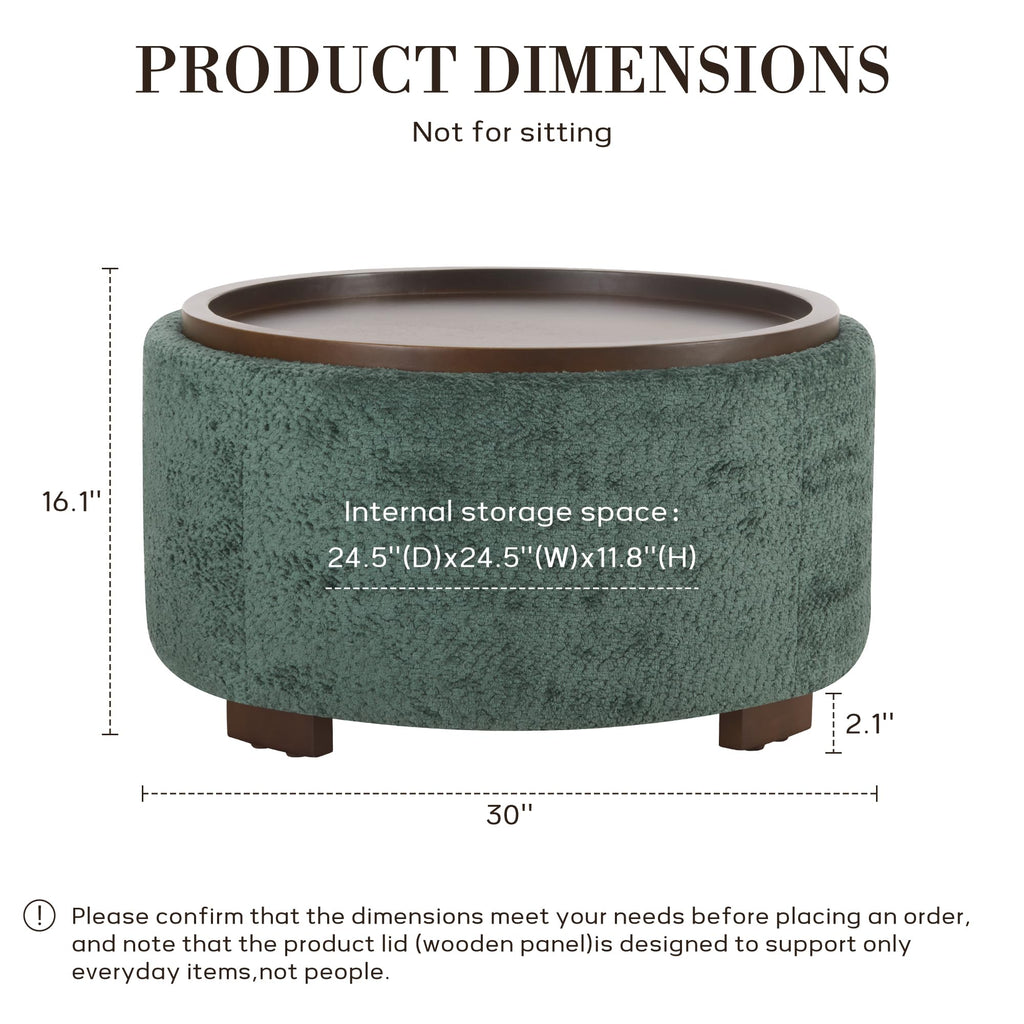 30" Round Chenille Storage Ottoman Coffee Table with Removable Tray Top, Large Hidden Storage Ottoman, Solid Wood