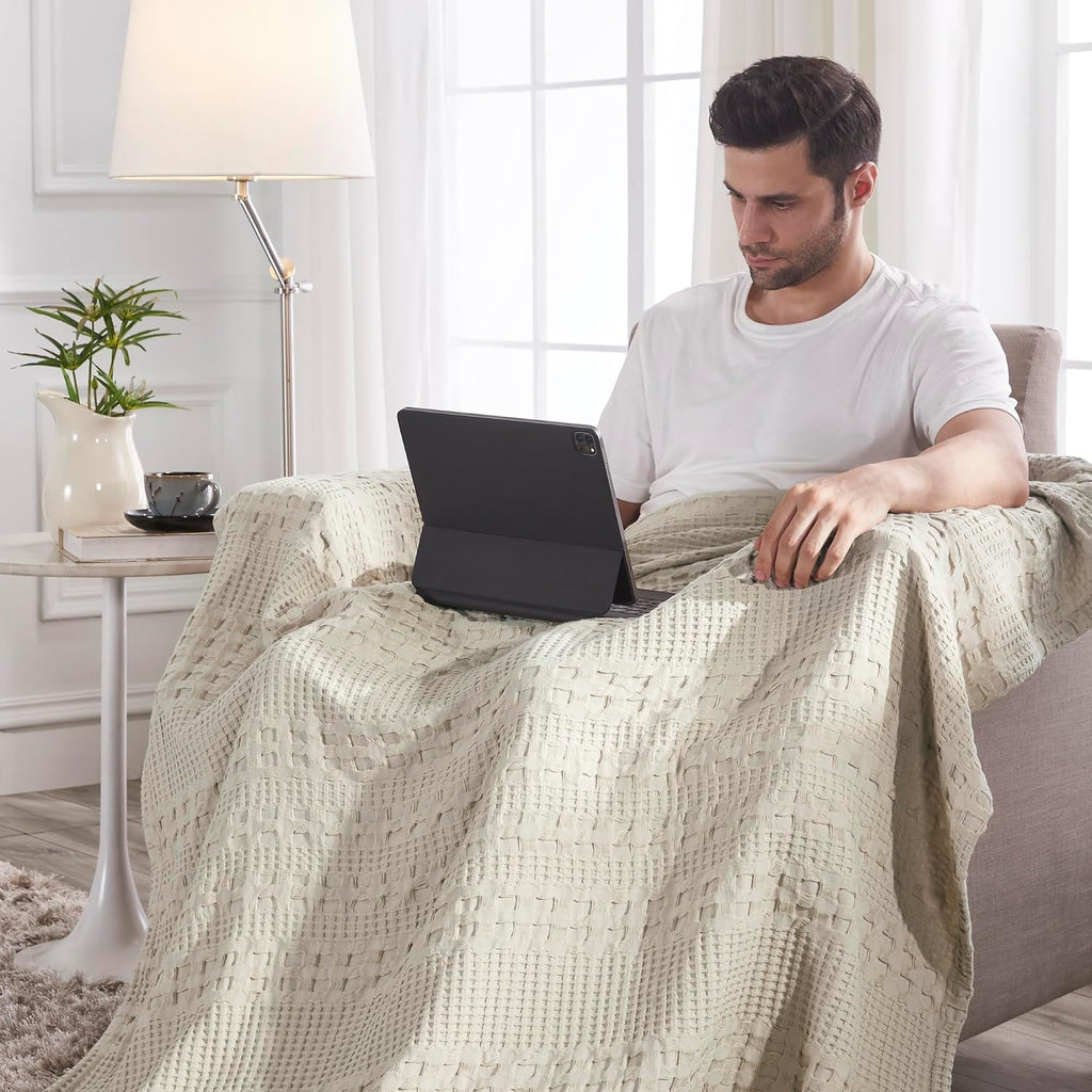 100% Cotton Waffle Weave Natural Throw 50x60, Decorative Cotton Throw Blanket, Boho Farmhouse Bedroom, Living Room