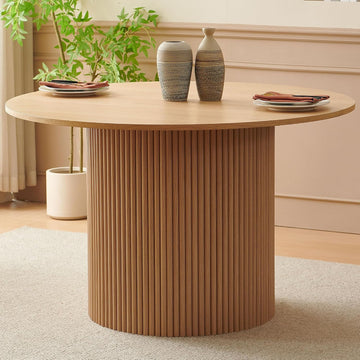 47" Round Dining Table for 4, Modern Farmhouse Wood Veneer Top with MDF Striped Base, Kitchen & Dining Room Tables