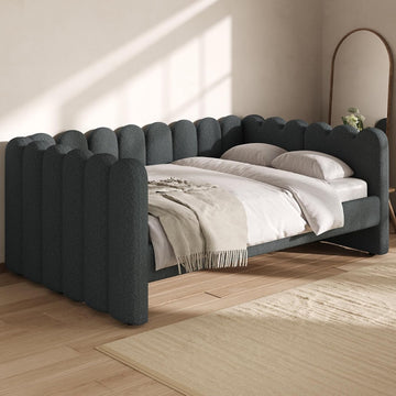 Queen Size Daybed Frame, Queen Day Bed Frame Fleece Upholstered Platform Bed with Wood Slats Support , Easy Assembly
