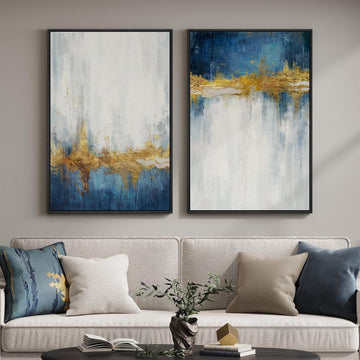 Framed Blue and White Abstract Wall Art , Set of 2 Large Gold Modern Luxury Canvas Artwork for Walls, Contemporary