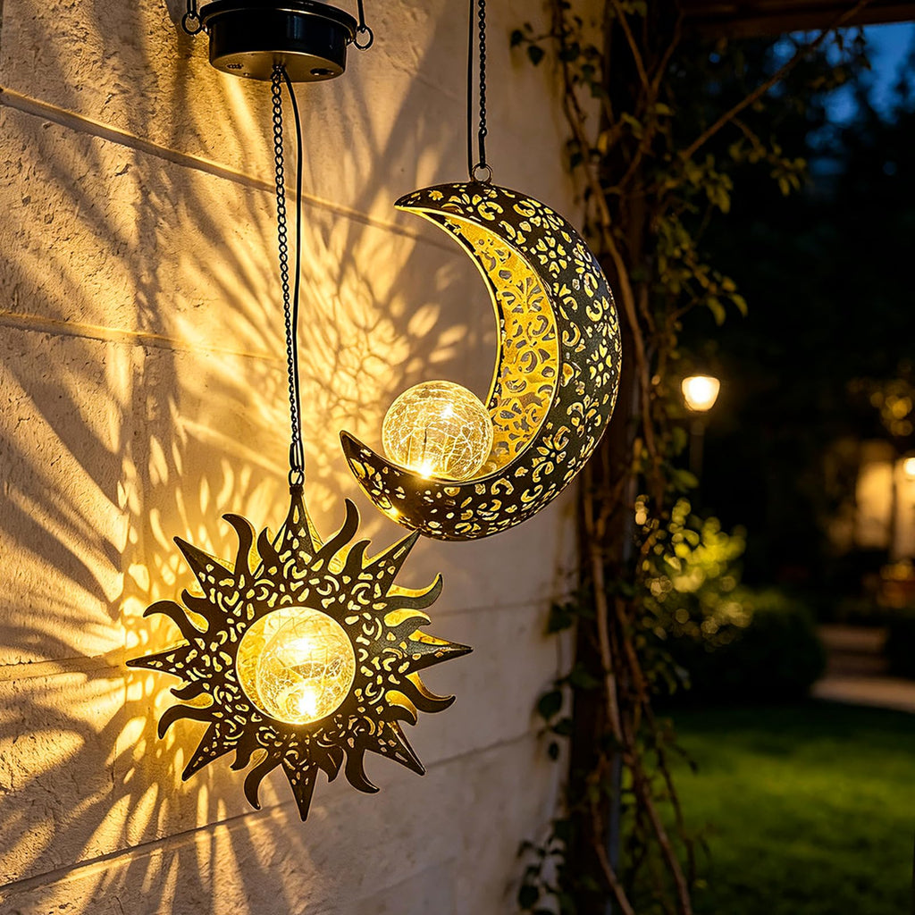 Solar Sun & Moon Lanterns Set, Hanging Decor for Garden, Gifts for Mom