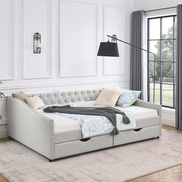 Wood Queen Size Daybed, Day Bed Frame with 2 Storage Drawers, Upholstered Bed Frame Queen Sofa Couch with Button and