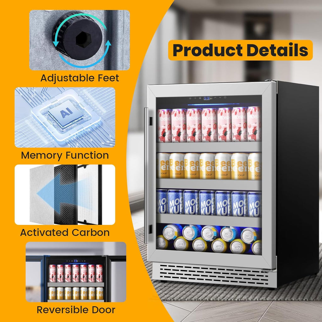 24 Inch Beverage Refrigerator,190 Cans Freestanding/Under Counter Beverage Fridg