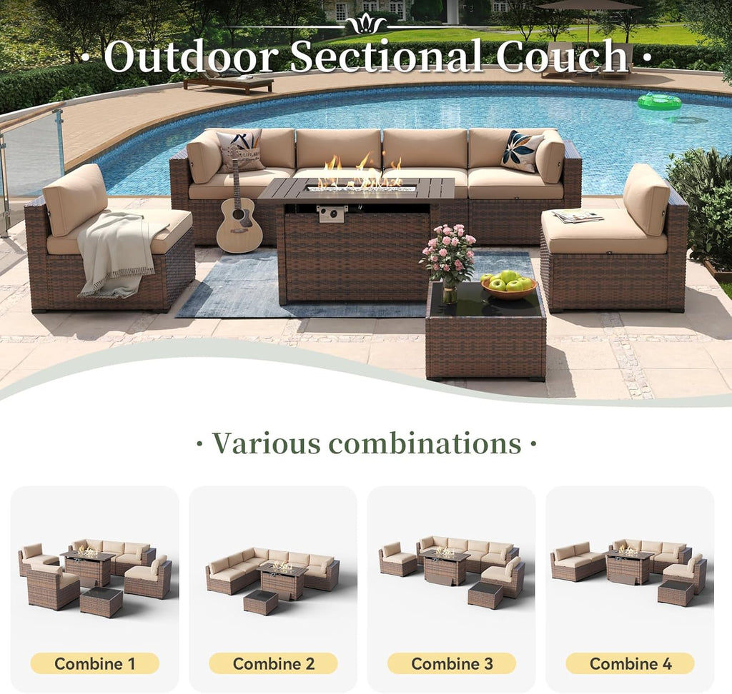 8 Piece Patio Furniture Set with 44” Fire Pit Table Wicker Rattan Outdoor Sectional Sofa Set with Coffee Table