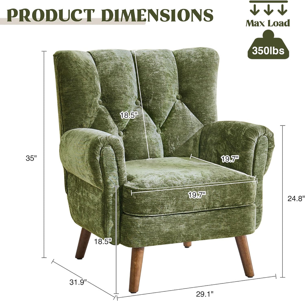 Chenille Wingback Accent Chairs Set of 2, Mid-Century Modern Living Room Armchair with Removable Cushions, High